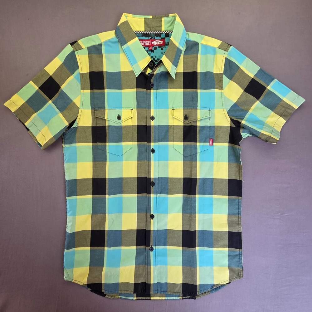 Vans Off The Wall Mens Medium Plaid Short Sleeve Button Down Shirt Teal Yellow